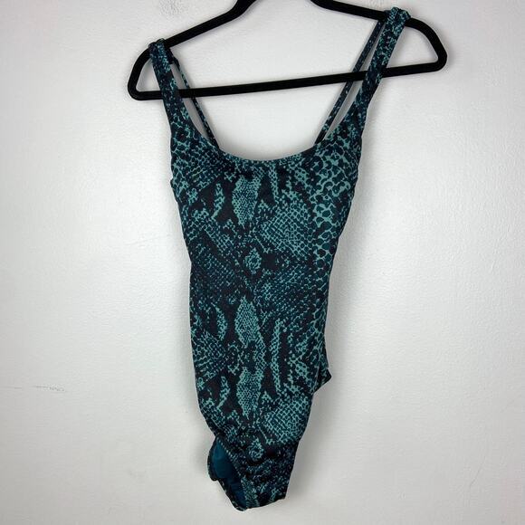 All in Motion Tie Back One Piece Swimsuit Teal Snake Printed Green Blue Medium - Picture 3 of 10